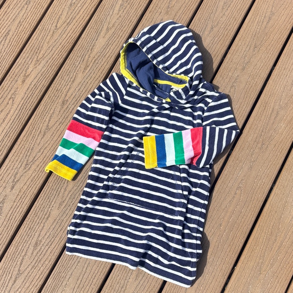 Boden Navy and White Striped Hooded Dress with Yellow Trim